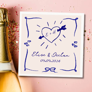 Serviette En Papier Elégant Mariage bleu rétro tiré à la main