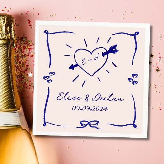 Serviette En Papier Elégant Mariage bleu rétro tiré à la main