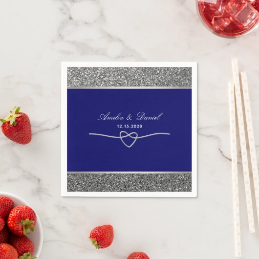 Serviette En Papier Élégant Mariage Bleu Royal Argent (En situation)