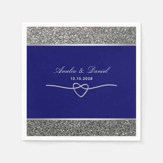 Serviette En Papier Élégant Mariage Bleu Royal Argent (Devant)