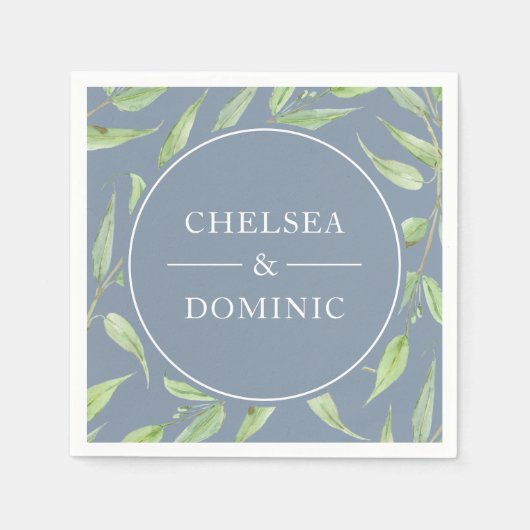 Serviette En Papier Elégant Mariage botanique bleu Dusty (Devant)