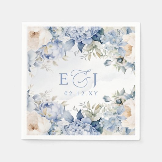 Serviette En Papier Élégant Mariage botanique moderne Dusty Blue Flora (Devant)