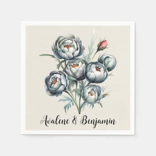 Serviette En Papier Elégant mariage Bouquet vert et gris (Devant)