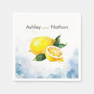 Serviette En Papier Élégant Mariage citron jaune et bleu aquarelle