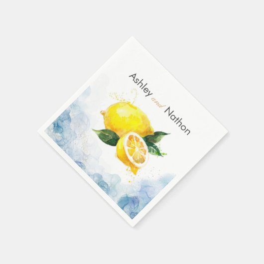 Serviette En Papier Élégant Mariage citron jaune et bleu aquarelle (Coin)