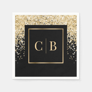 Serviette En Papier Élégant Mariage Confettis Monogramme Or Noir