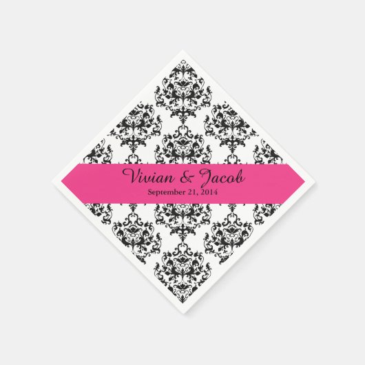 Serviette En Papier Élégant Mariage damassé noir et blanc Napkin (Coin)