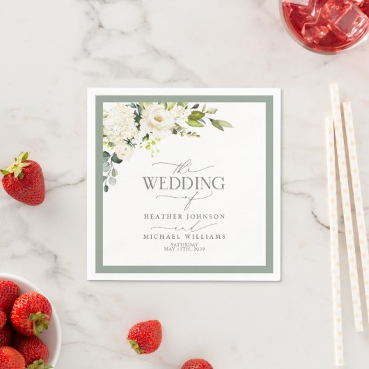 Serviette En Papier Elégant Mariage d'aquarelle gris blanc vert (En situation)
