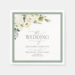 Serviette En Papier Elégant Mariage d'aquarelle gris blanc vert