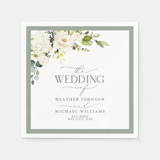Serviette En Papier Elégant Mariage d'aquarelle gris blanc vert (Devant)