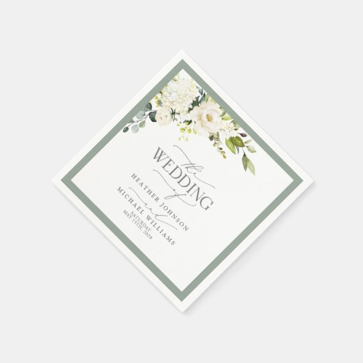 Serviette En Papier Elégant Mariage d'aquarelle gris blanc vert (Coin)