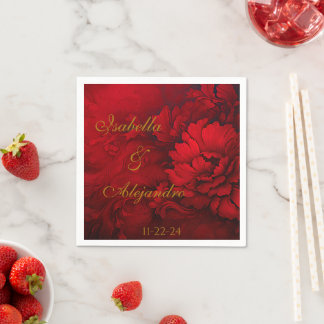 Serviette En Papier Élégant Mariage de Bourgogne et de Flore rouge