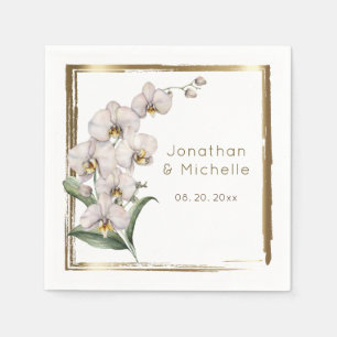 Serviette En Papier Elégant Mariage de cadre or Orchidées Blanches