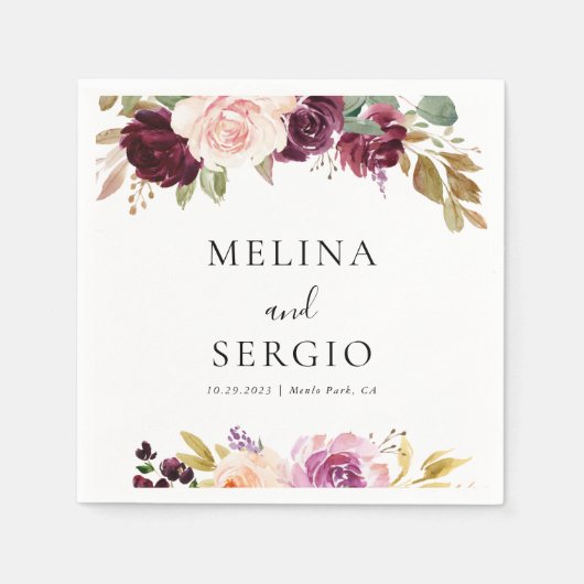 Serviette En Papier Élégant Mariage de calligraphie de fleurs multicol (Devant)