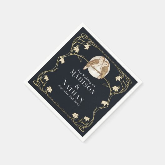 Serviette En Papier Élégant Mariage de Chouettes Art Nouveau (Coin)