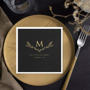 Serviette En Papier Élégant Mariage de couronne de monogramme noir et 