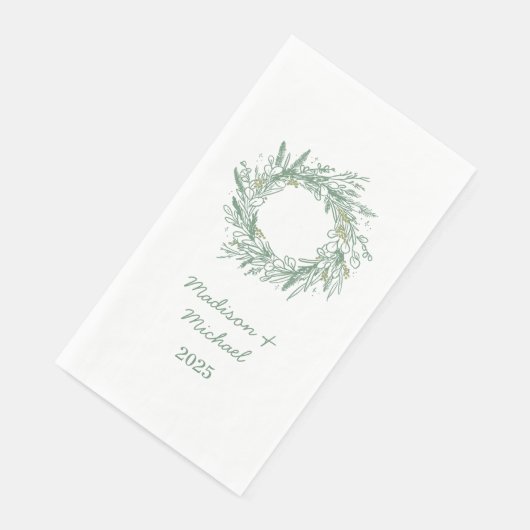 Serviette En Papier Élégant Mariage de couronne végétale d'hiver vert (Coin)