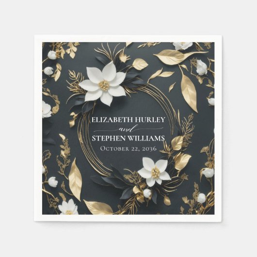 Serviette En Papier Élégant Mariage de couronnes florales noir blanc e (Devant)