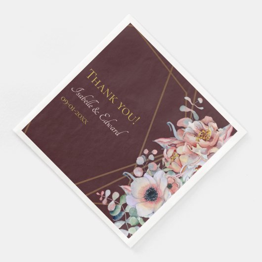 Serviette En Papier Élégant Mariage de Fleurs d'anémones Marsala Blush (Coin)