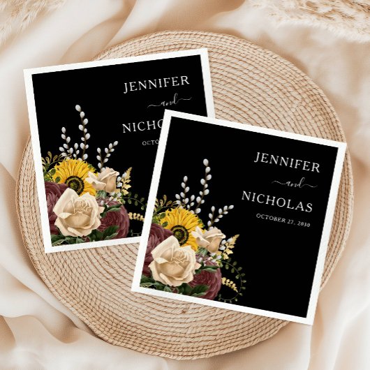 Serviette En Papier Élégant Mariage de fleurs noires