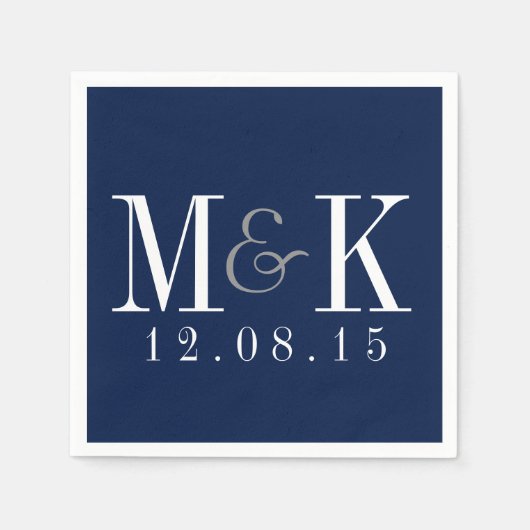 Serviette En Papier Élégant Mariage de Monogramme bleu marine (Devant)
