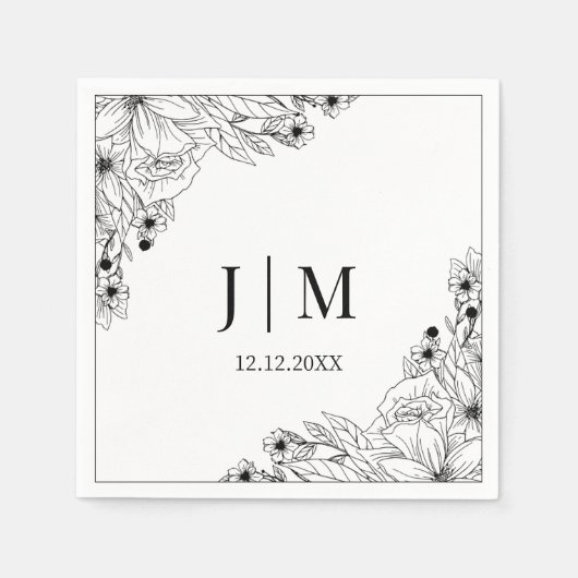 Serviette En Papier élégant mariage de monogramme botanique noir et bl (Devant)