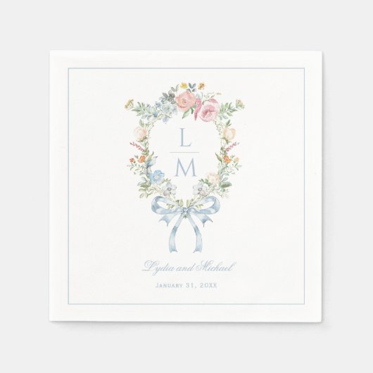 Serviette En Papier Élégant Mariage de monogramme de couronne fleurie (Devant)