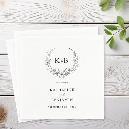 Serviette En Papier Élégant Mariage de monogramme de couronne florale