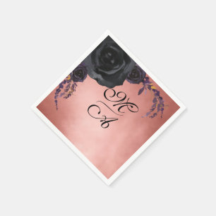 Serviette En Papier Élégant Mariage de monogramme floral noir et blanc