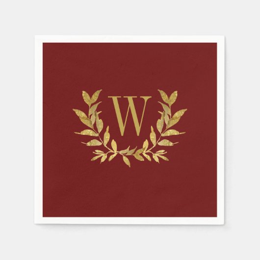 Serviette En Papier Élégant Mariage de Monogramme moderne rouge & or (Devant)