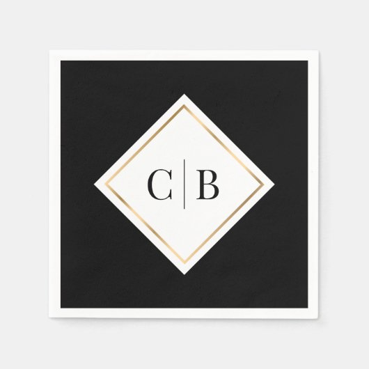 Serviette En Papier Élégant Mariage de Monogramme Noir Blanc Or (Devant)