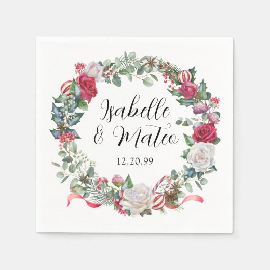 Serviette En Papier Élégant Mariage de Noël Floral Rose Rouge (Devant)