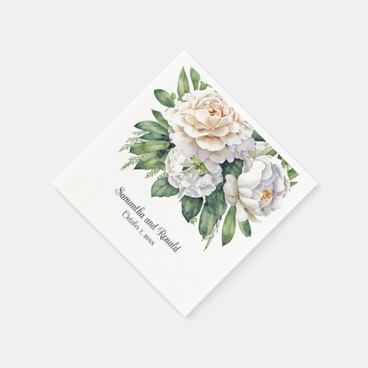 Serviette En Papier Élégant Mariage de roses et pivoines blanches (Coin)