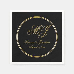Serviette En Papier Élégant Mariage de script de monogramme d'or noir