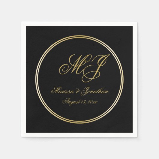 Serviette En Papier Élégant Mariage de script de monogramme d'or noir (Devant)