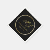 Serviette En Papier Élégant Mariage de script de monogramme d'or noir (Coin)
