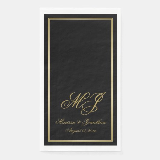 Serviette En Papier Élégant Mariage de script de monogramme d'or noir (Devant)