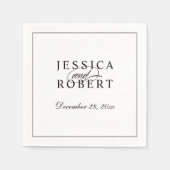 Serviette En Papier Élégant Mariage de script noir et blanc (Devant)