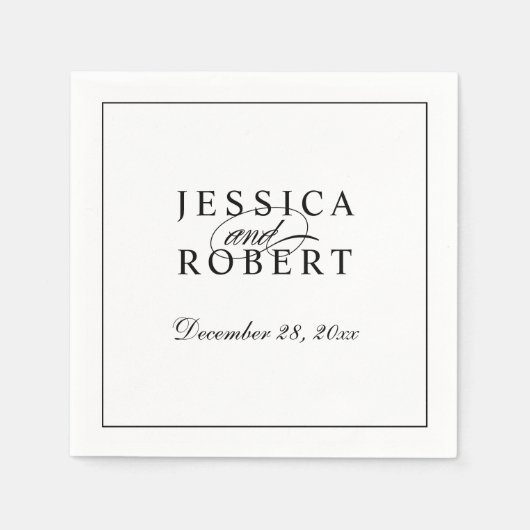 Serviette En Papier Élégant Mariage de script noir et blanc (Devant)