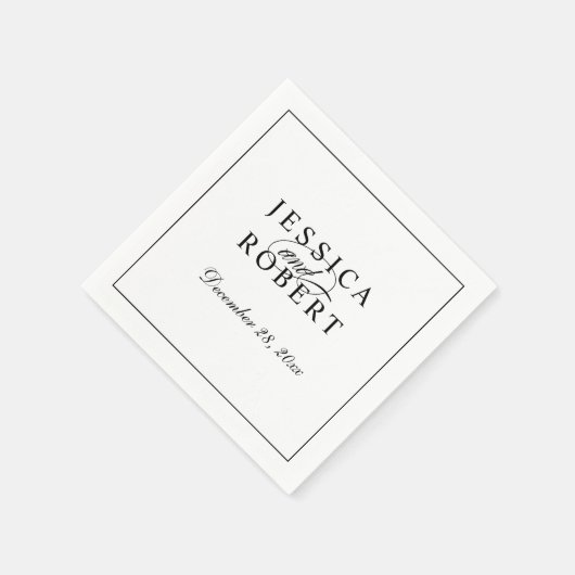 Serviette En Papier Élégant Mariage de script noir et blanc (Coin)