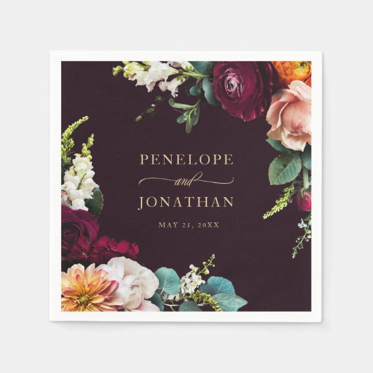 Serviette En Papier Élégant Mariage de script or floral bordeaux (Devant)