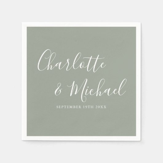Serviette En Papier Élégant Mariage de signature Sage Green (Devant)