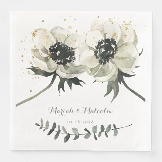 Serviette En Papier Élégant Mariage de tige Eucalyptus Anémones Blanch (Devant)