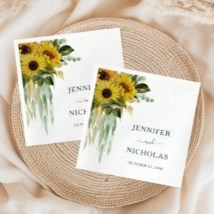 Serviette En Papier Élégant Mariage de tournesol floral bleu marine