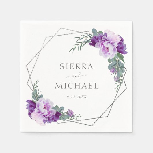 Serviette En Papier Elégant Mariage d'Eucalyptus Floral Argent & Viole (Devant)