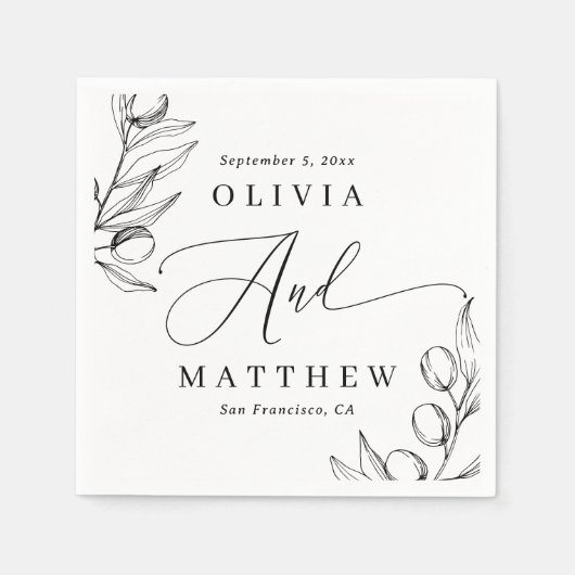 Serviette En Papier Élégant Mariage d'olive | Script de précision mini (Devant)