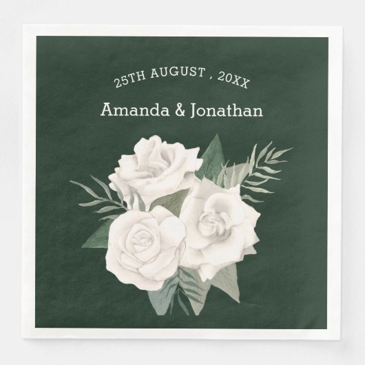 Serviette En Papier Élégant Mariage Emerald Green et White Roses (Devant)