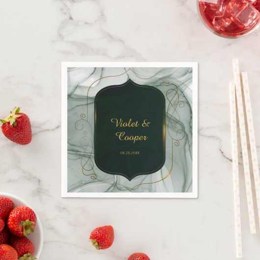 Serviette En Papier Élégant Mariage Emerald Green Gold Frame (En situation)