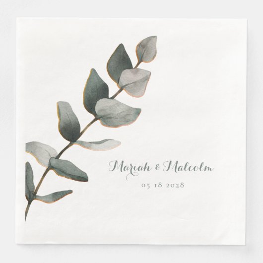 Serviette En Papier Élégant Mariage Eucalyptus Vert Sage Argent (Devant)