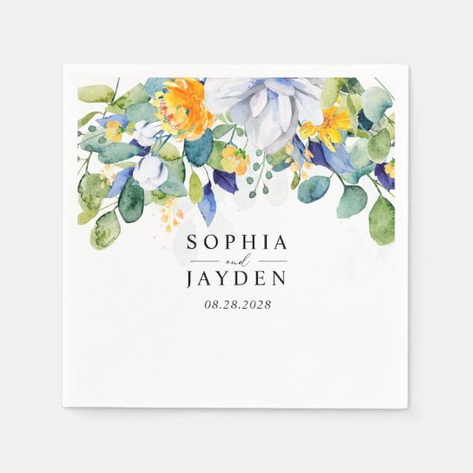 Serviette En Papier Élégant mariage fleuri jaune blanc (Devant)